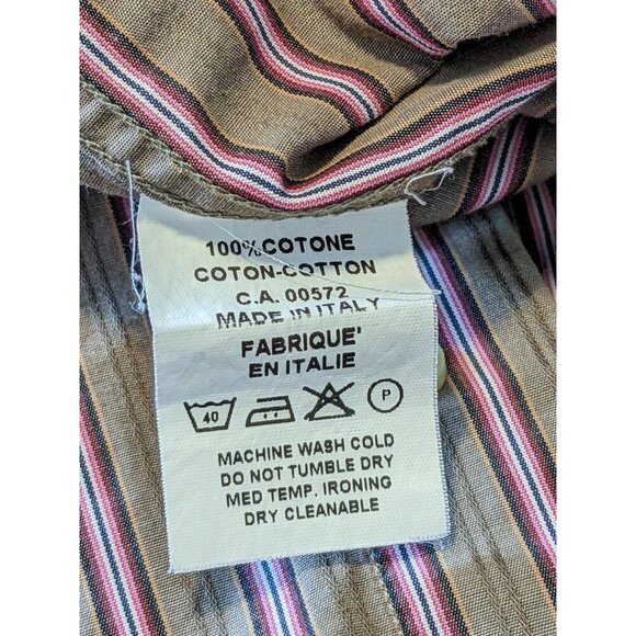 Harry Rosen Mens L Casual Button Up Shirt Olive Green Pink Striped Cotton Italy - Picture 5 of 5